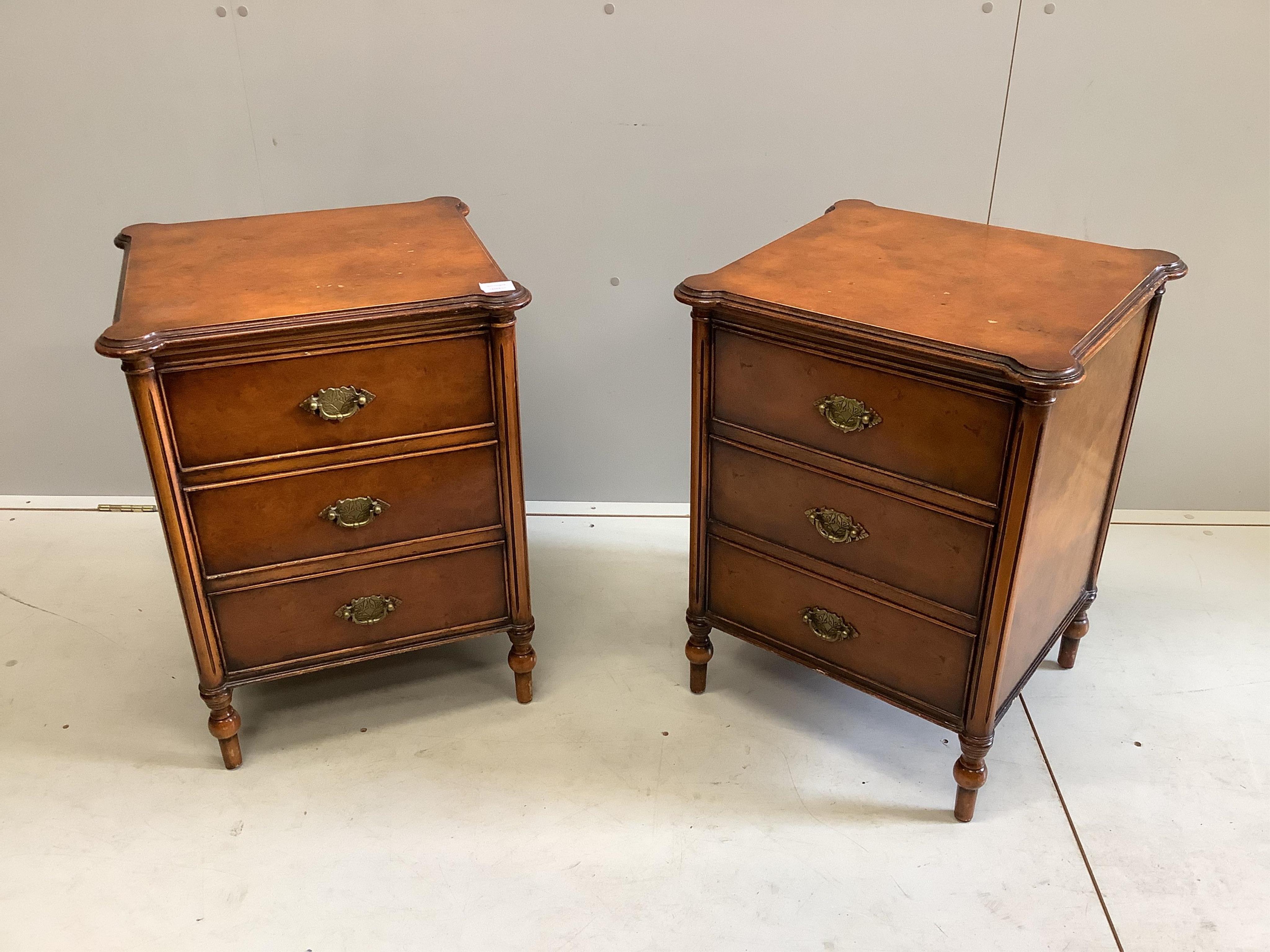 A pair of reproduction George I style three drawer bedside chests, width 50cm, depth 46cm, height 65cm. Condition - fair